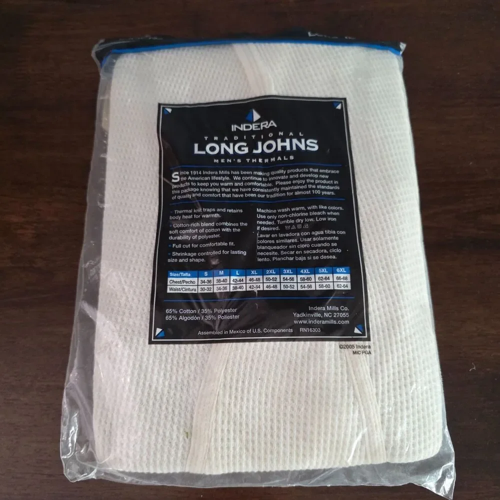 NIP Indera Men's Traditional Long John Thermal Pants White L Cotton/Poly Blend